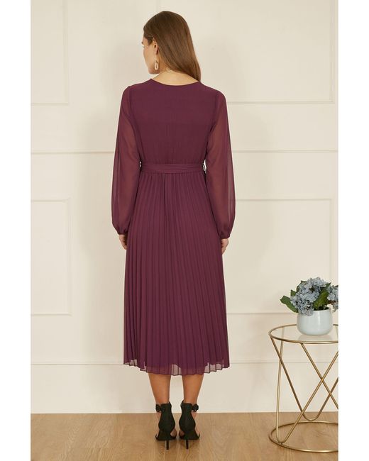 Yumi' Purple Pleated Wrap Midi Dress With Sheer Long Sleeves