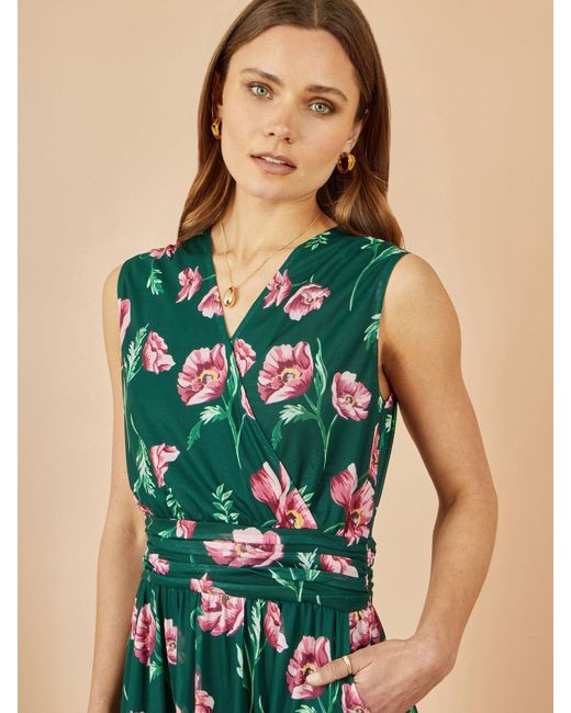 Yumi' Blue Floral Print Mesh Stretch Midi Dress With Pockets