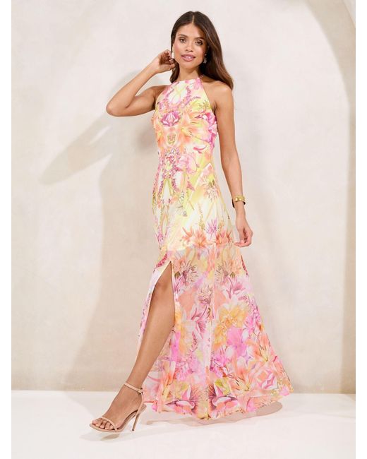 Lipsy Pink Printed Halter Chiffon Sleeveless Maxi Dress