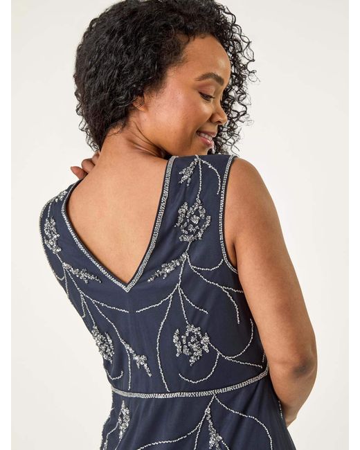 Roman Blue Petite Embellished V-Neck Midi Dress