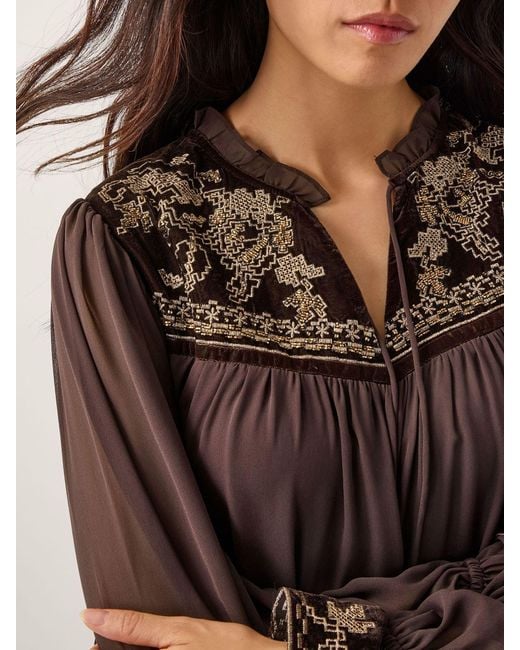 Monsoon Brown Nova Embroidered Yoke Chiffon Maxi Dress