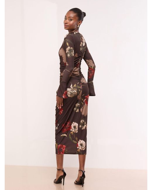 Lipsy Pink Floral Long Sleeve Ruched Jersey Bodycon Dress