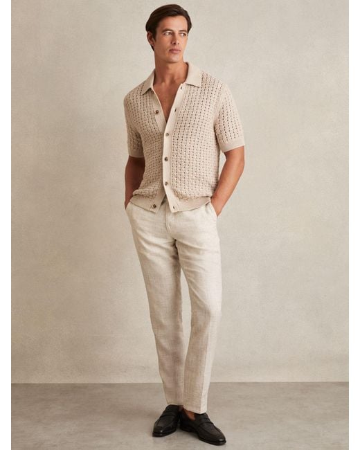 Reiss Brown Basketweave Knit Button Through Cotton Blend Shirt for men