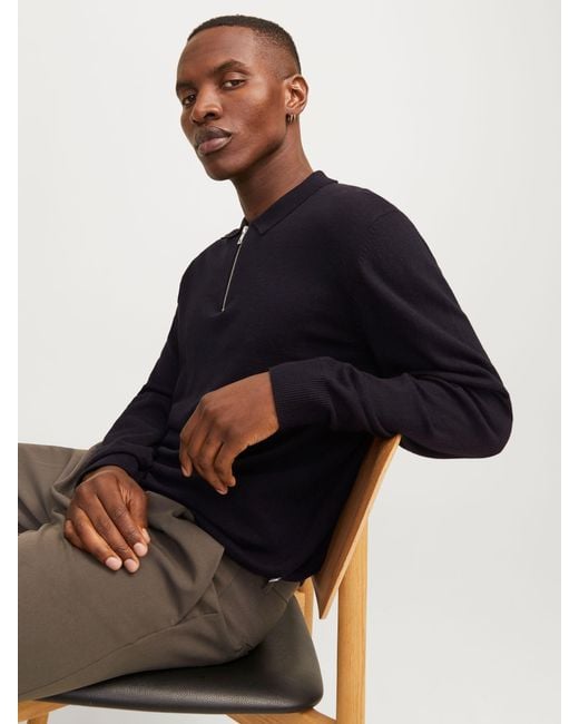 Jack & Jones Blue Quarter Zip Knitted Polo Shirt for men