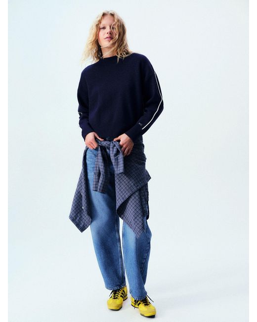 Self Blue Knitted Side Stripe Jumper