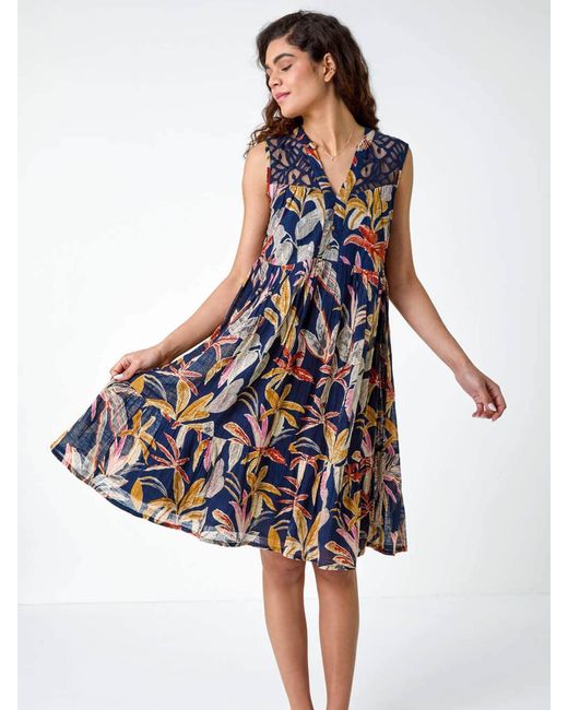 Roman Blue 100% Cotton Tropical Lace Detail Tiered Dress