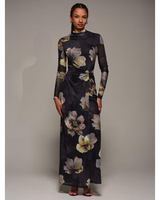 Jolie Moi Gray High Neck Long Sleeve Mesh Maxi Dress