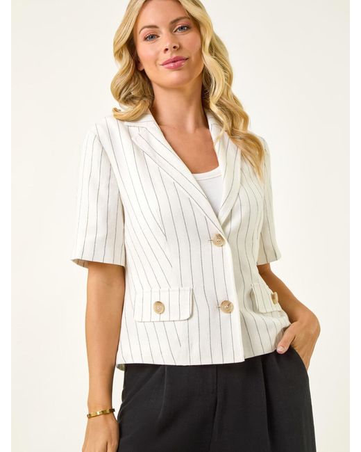 Roman White Petite Linen Mix Buttoned Jacket