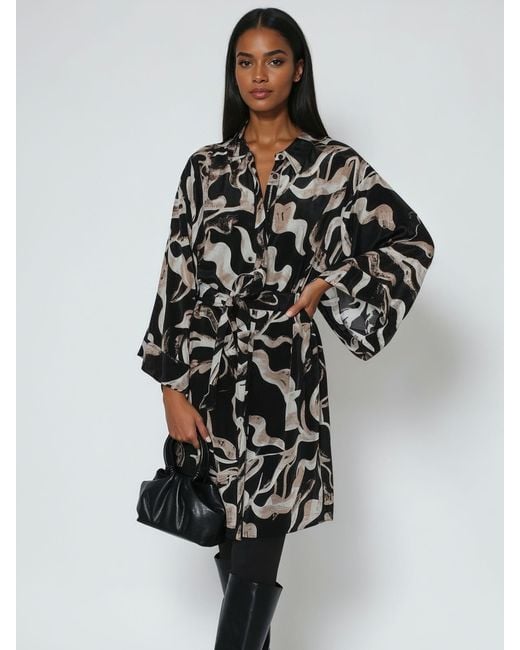 Religion Black Glory Tunic Shirt Dress With Tie Belt And Kimono Sleeves
