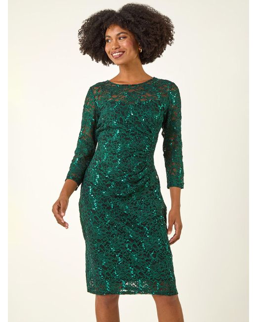 Roman Green Sequin Lace Ruched Stretch Dress