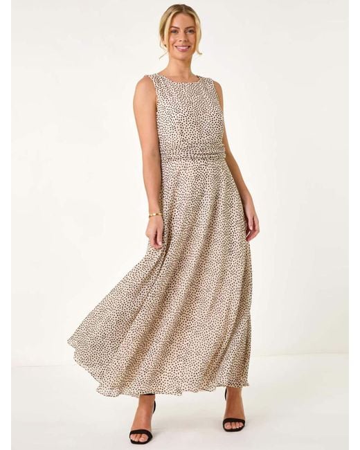 Roman Natural Petite Spot Print Ruched Waist Midi Dress