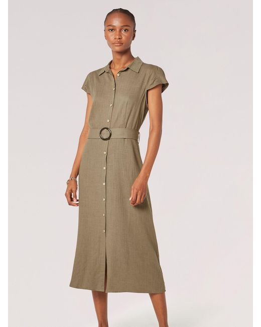 Apricot Natural Vintage Midi Shirt Dress With Linen