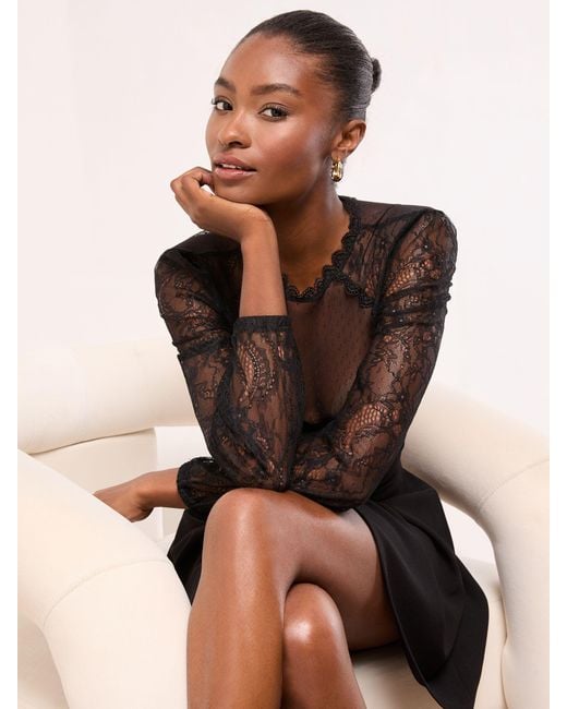 Lipsy Black Lace Mesh High Neck Ruched Mini Dress