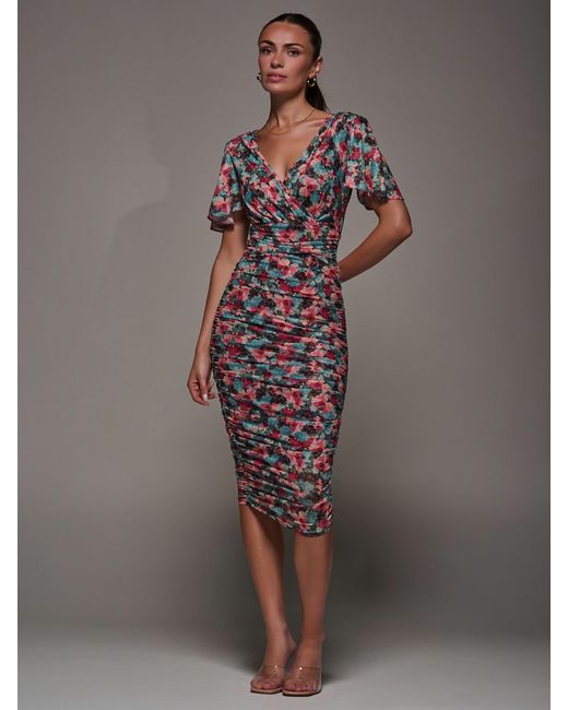 Jolie Moi Gray Angel Sleeved Floral Mesh Bodycon Dress