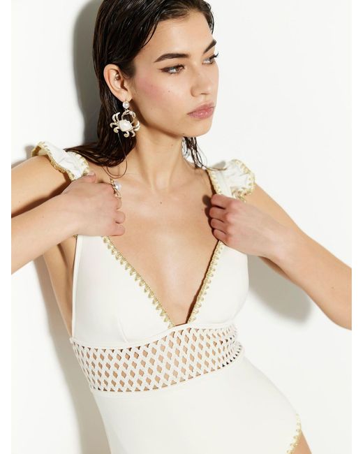 River Island White Badeanzug Mit Tiefem Ausschnitt Und Cutwork-Designeu 46 (Uk 18)