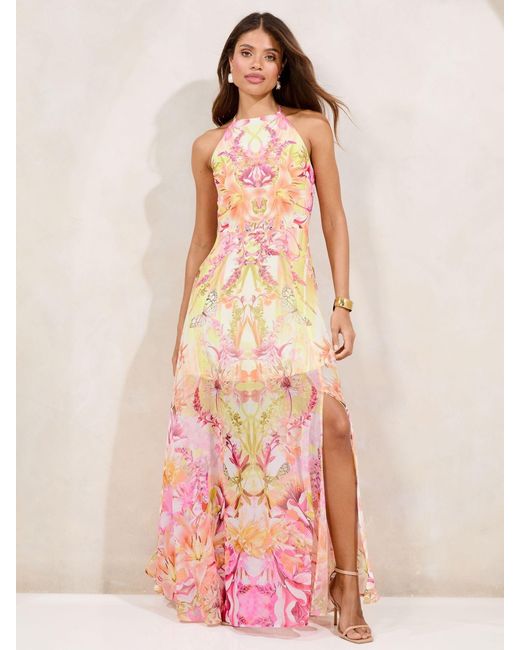 Lipsy Pink Printed Halter Chiffon Sleeveless Maxi Dress