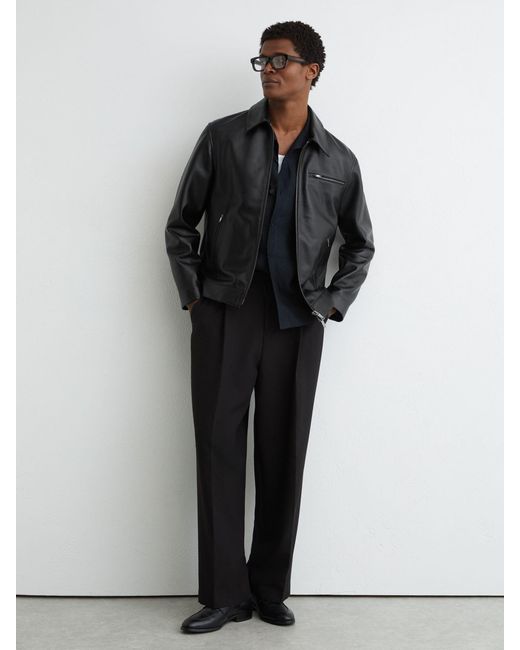 Reiss Black Strader Leather Zip-Through Jacket for men