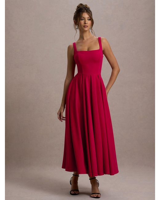 Club L London Red Parina Strappy Volume Hem Midi Dress