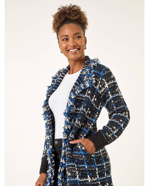 Roman Blue Checkered Fringe Knit Cardigan