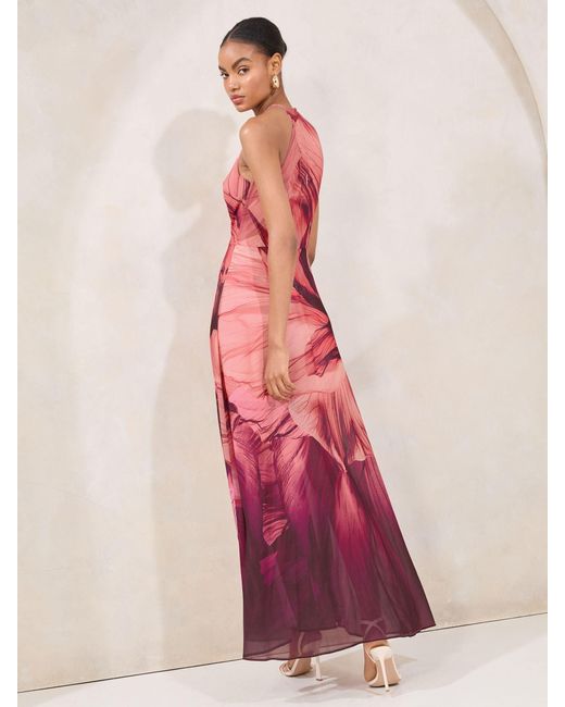 Lipsy Pink Printed Halter Chiffon Sleeveless Maxi Dress