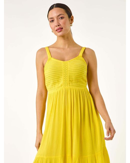 Roman Yellow Strappy Shirred Sundress