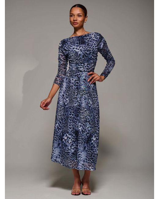 Jolie Moi Blue Long Sleeve Asymmetric Gathered Mesh Midi Dress