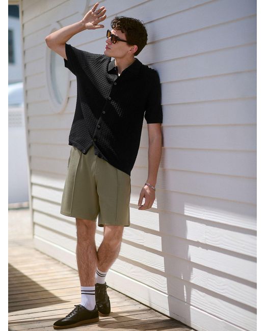 Next Black Relaxed Fit 100% Cotton Short Sleeve Textured Knit Button-Through Polo Shirt for men