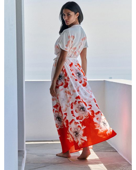ted baker beach dress Floral Linen Blend Kaftan in Red Plunge Floral Printed Maxi