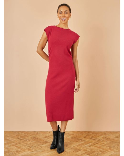 Yumi' Pink Knitted Ruched Midi Dress