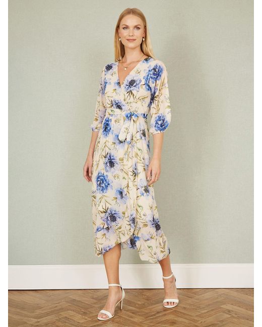 Yumi' Blue Vintage Floral Wrap Midi Dress With Frill