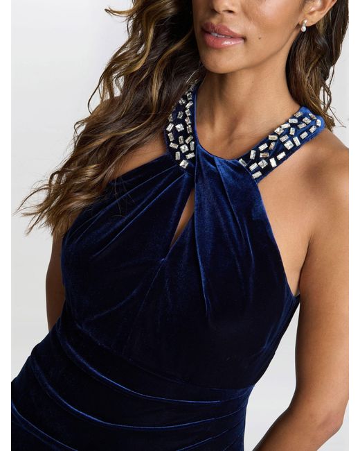 Gina Bacconi Blue Naomi Beaded Velvet Halter Neck Maxi Dress
