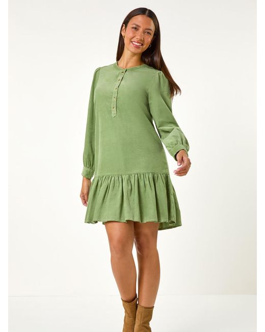 Roman Green Corduroy Button Detail A-Line Dress