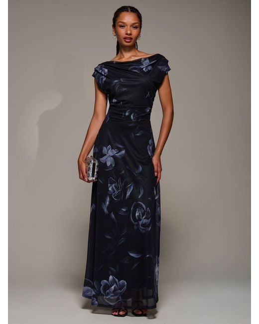 Jolie Moi Women's Blue Asymmetric Neck Mesh Maxi Dress