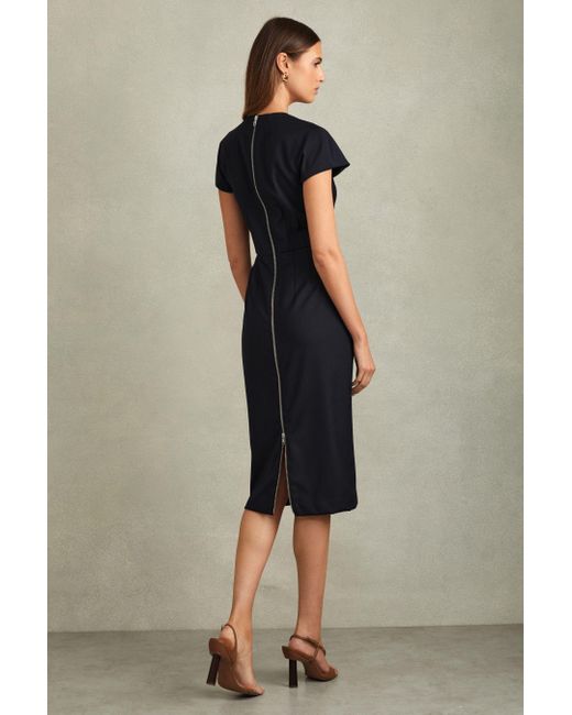 Reiss Blue Wool Textured Cap Sleeve Midi Dress