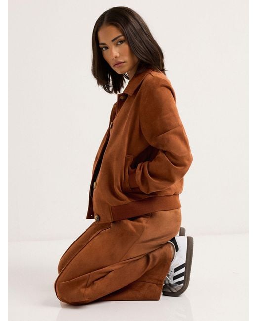 PixieGirl Petite Brown Suedette Collar Bomber Jacket