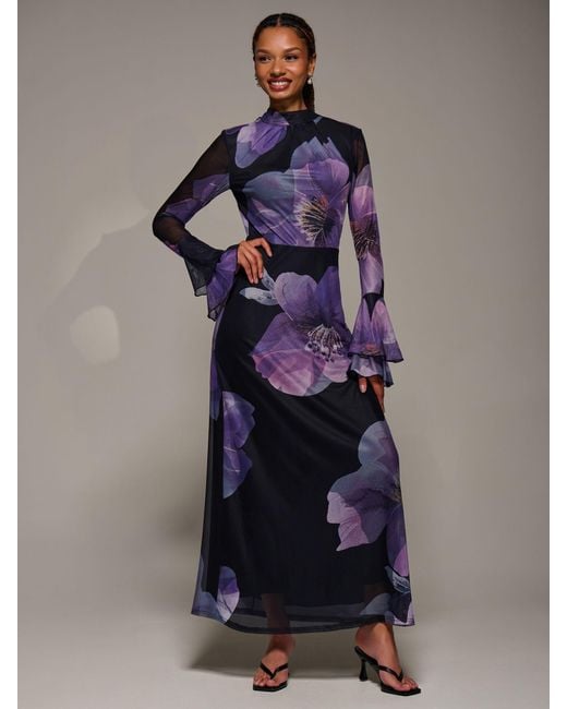 Jolie Moi Purple Ruffle Long Sleeve Mesh Maxi Dress