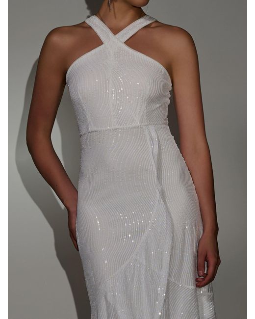 Jolie Moi Gray Sequin Cross Neck Frill Wrap Hem Maxi Dress