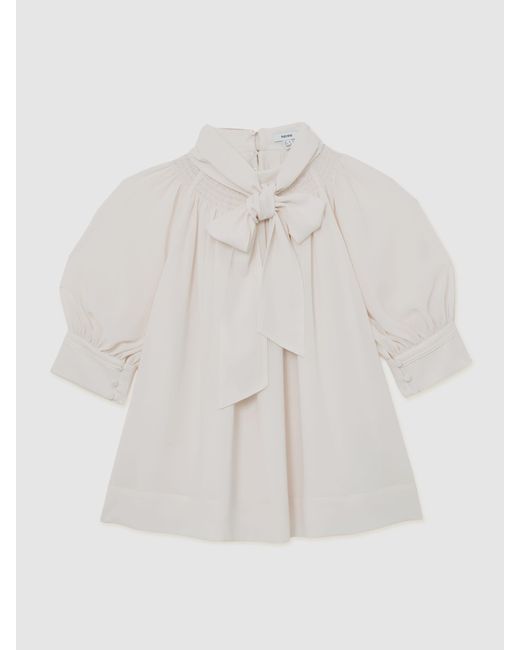 Reiss White Tie-Neck Short-Sleeve Blouse
