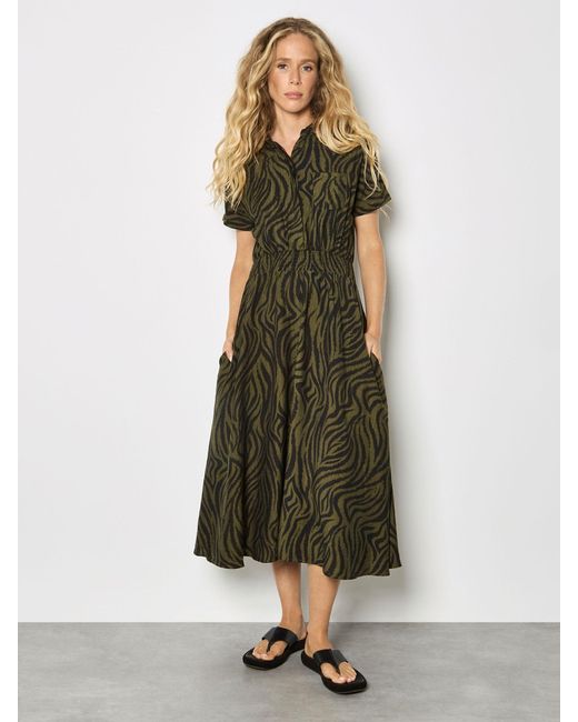 Apricot Green Ikat Zebra Midi Shirt Dress