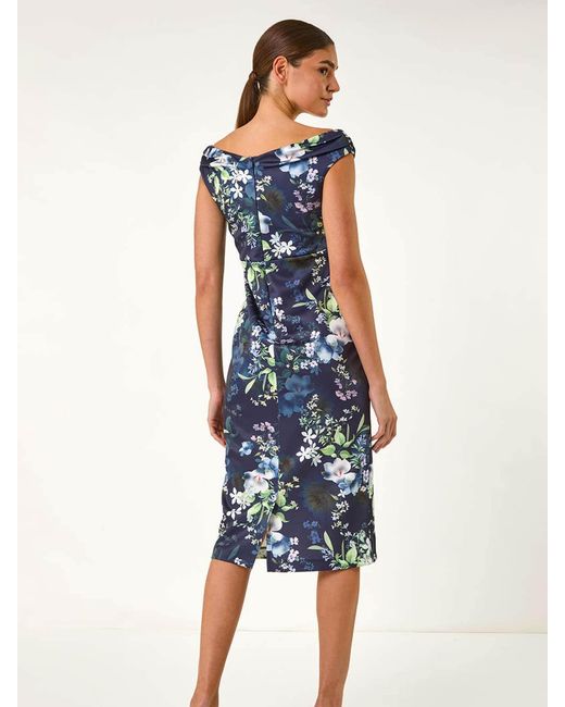 Roman Blue Floral Print Bardot Stretch Midi Dress