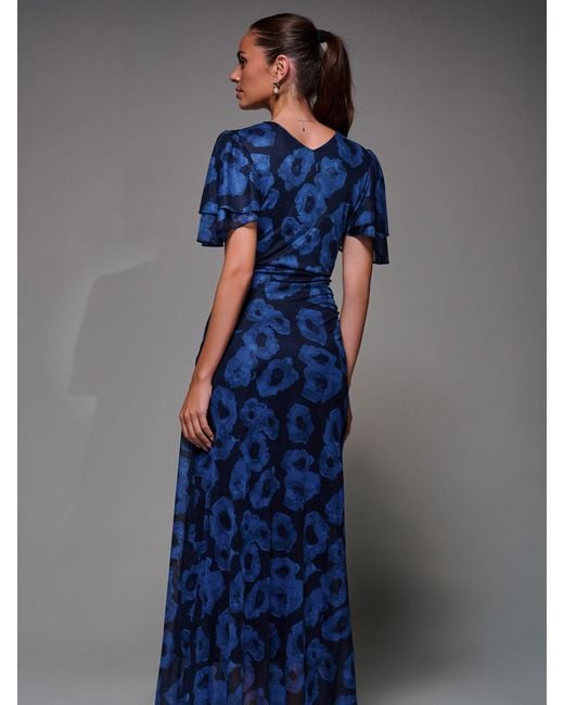 Jolie Moi Blue Angel Sleeve Draped Mesh Maxi Dress