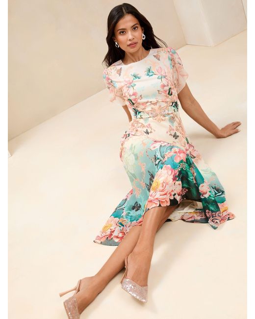 Lipsy Green Ombre Floral Print Tulip Sleeve Fit And Flare Midi Dress