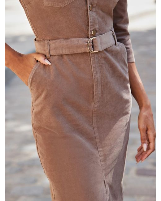Sosandar Gray Belted Corduroy Midi Dress