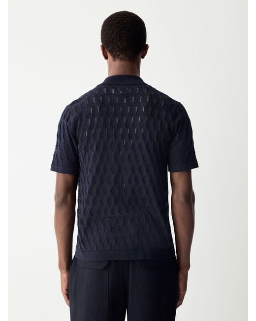 Next Blue Regular Fit 100% Cotton Short Sleeve Cuban Collar Knit Pointelle Shirt for men