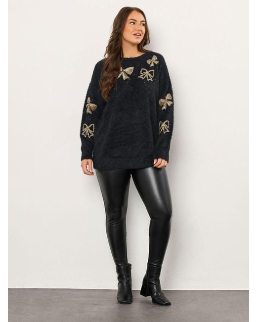 Evans Black Fluffy Sequin Bow Jumper