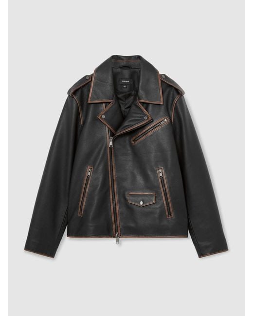 Reiss Black Leather Burnished-Detail Biker Jacket for men