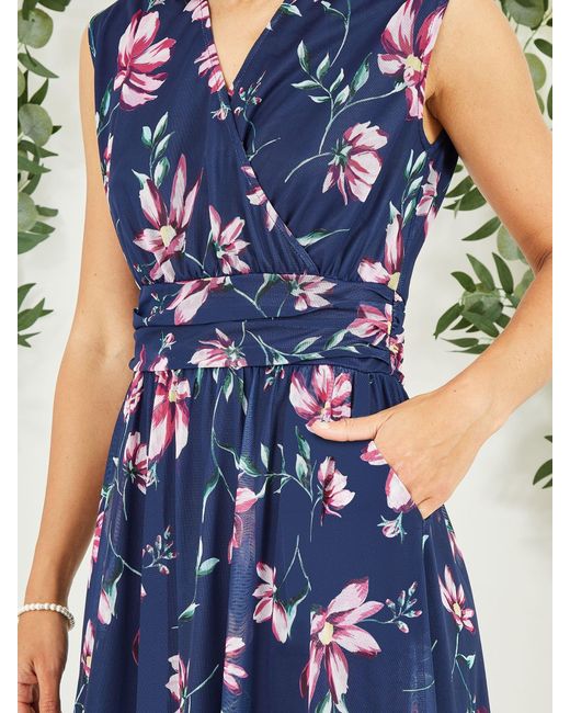 Yumi' Blue Floral Print Mesh Stretch Midi Dress With Pockets