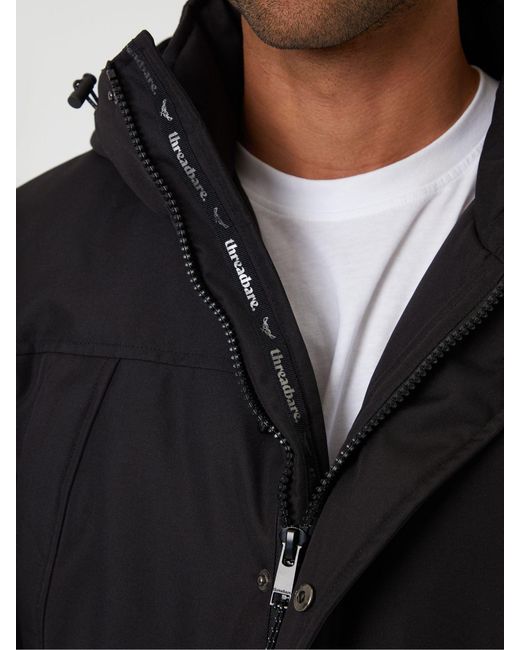 Threadbare Black Showerproof Longline Hooded Padded Jacket for men