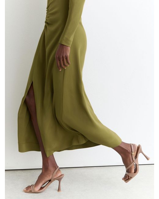 Reiss Green Ruched Long-Sleeve Midi Dress