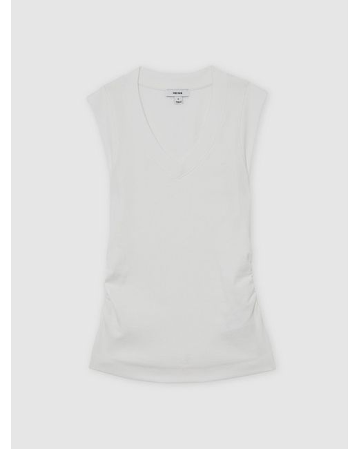 Reiss White Stretch-Cotton Rib Ruched V-Neck Vest